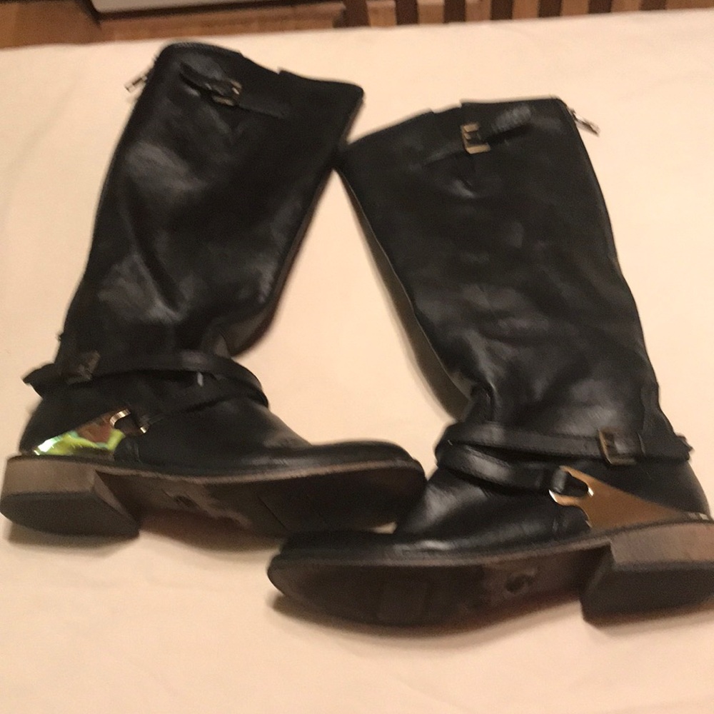 Black calf high boots zip ups with gold trim